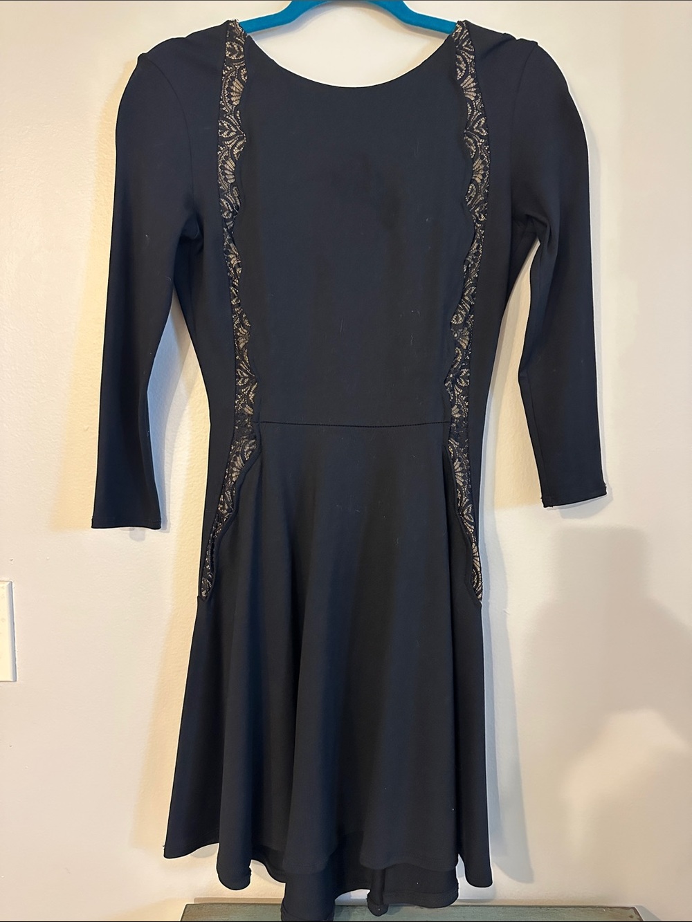 David Lerner Black Long-Sleeve Fit & Flare Dress with Lace Trim